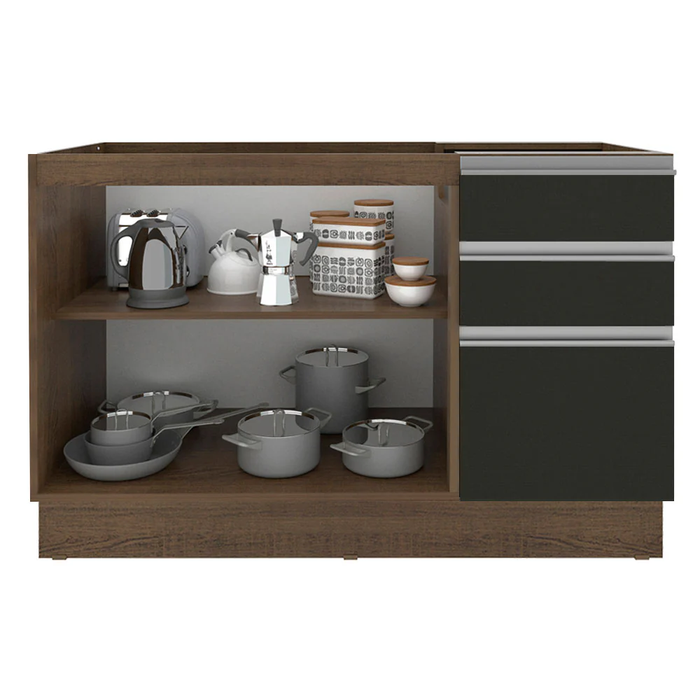 Balcão Gabinete de Pia Madesa Glamy 120 cm 2 Portas e 3 Gavetas (Sem Tampo e Pia) Rustic/Preto - Image 3