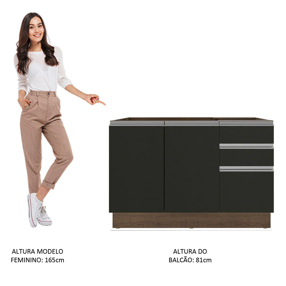 Balcão Gabinete de Pia Madesa Glamy 120 cm 2 Portas e 3 Gavetas (Sem Tampo e Pia) Rustic/Preto - Image 5