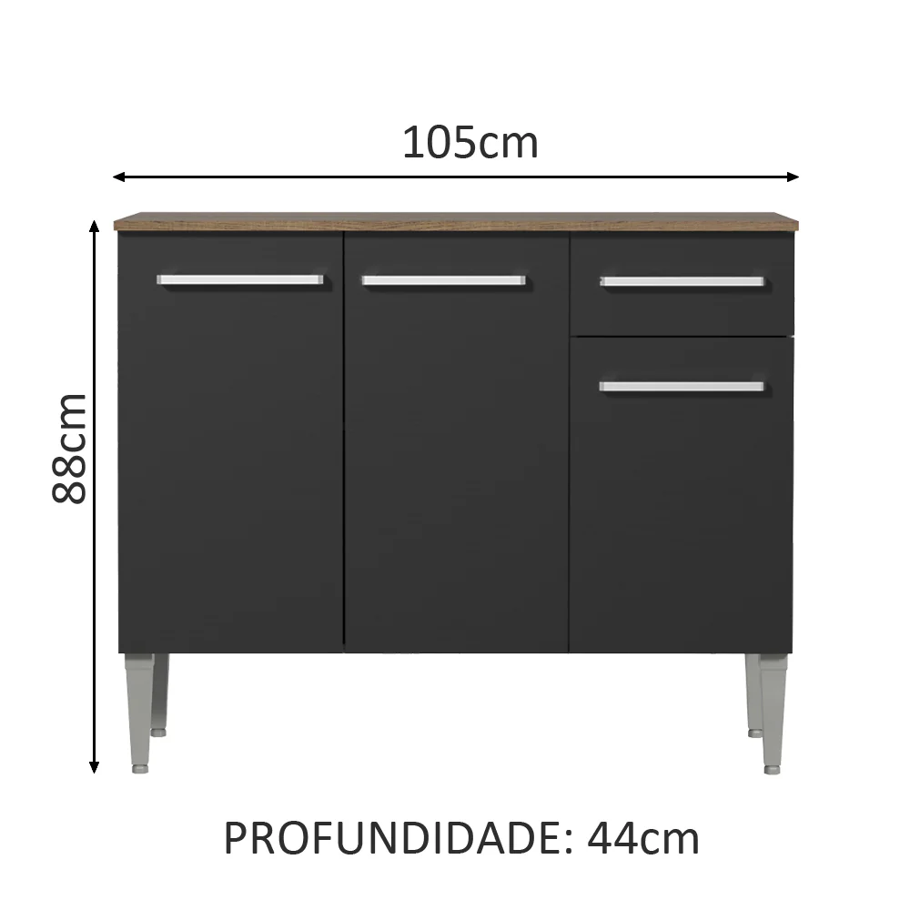 Balcão Gabinete Madesa Emilly 3 Portas e 1 Gaveta Rustic/Preto - Image 2