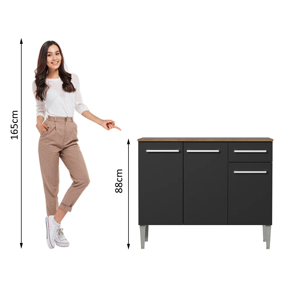 Balcão Gabinete Madesa Emilly 3 Portas e 1 Gaveta Rustic/Preto - Image 5