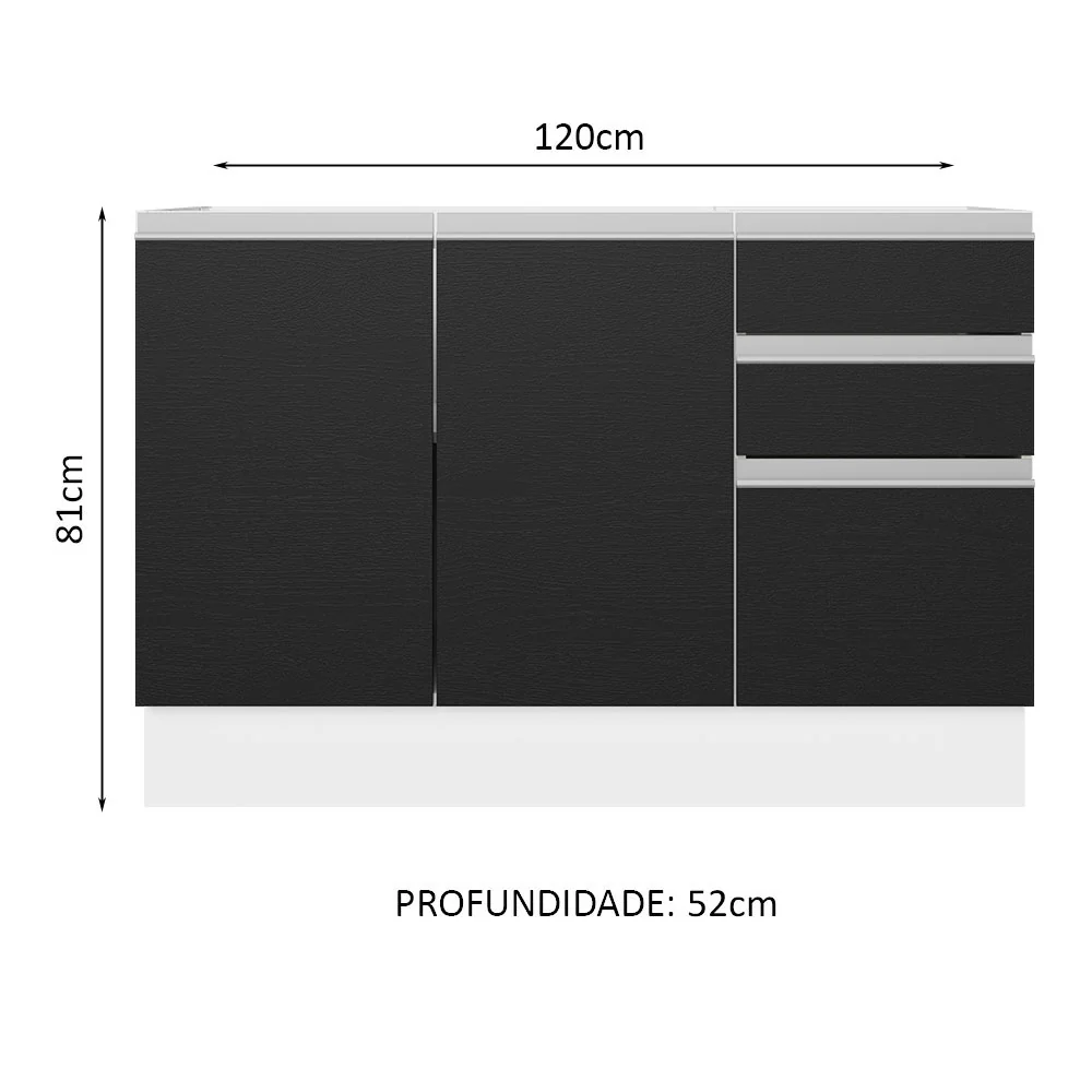 Balcão Gabinete de Pia 100% MDF 120 cm 3 Portas 2 Gavetas Branco/Preto Acordes Madesa - Image 2