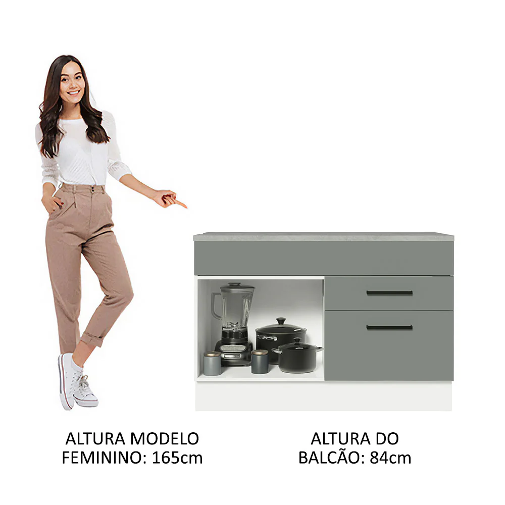 Balcão Gabinete 120 x 60 cm 1 Porta 2 Gavetas Branco/Cinza (Com Tampo) Agata Madesa - Image 4