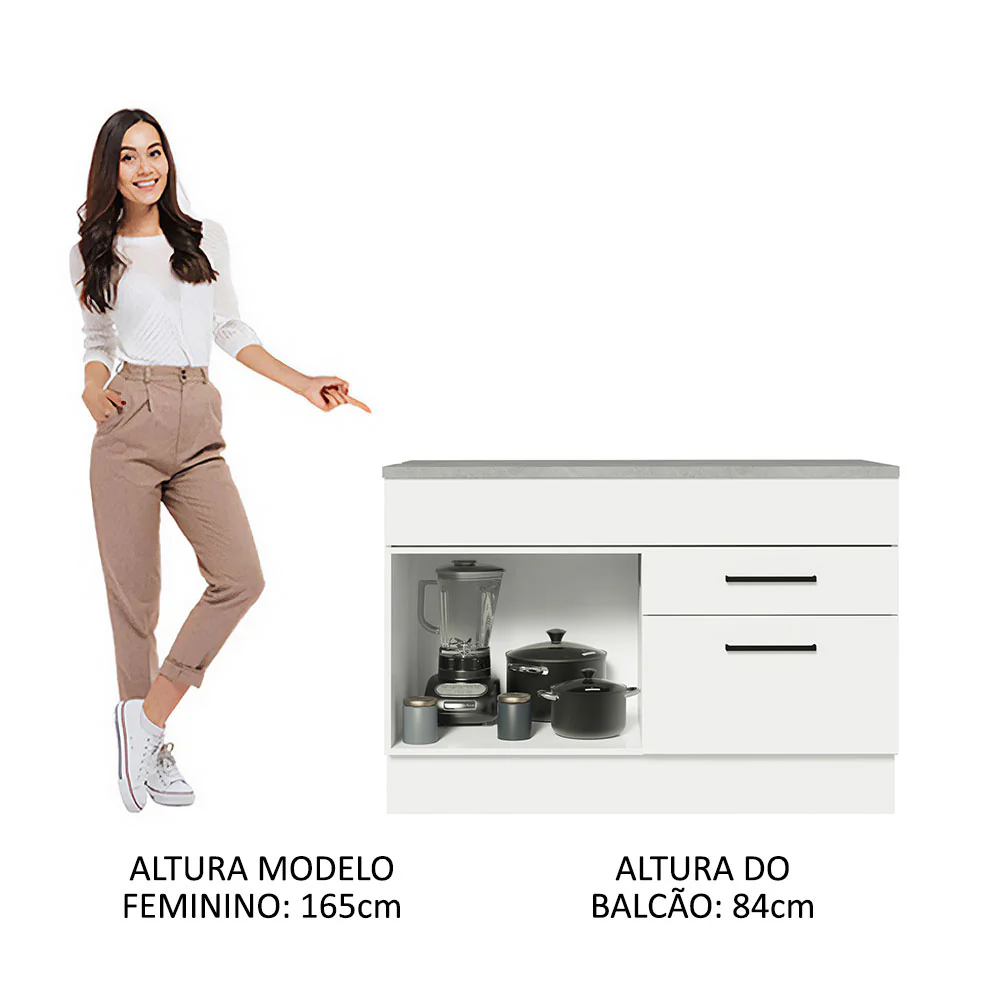 Balcão Gabinete 120 x 60 cm 1 Porta 2 Gavetas Branco (Com Tampo) Agata Madesa - Image 4