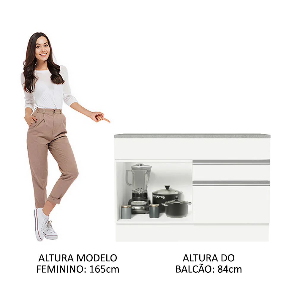 Balcão Gabinete 120 x 60 cm 1 Porta 2 Gavetas Branco (Com Tampo) Glamy Madesa - Image 4
