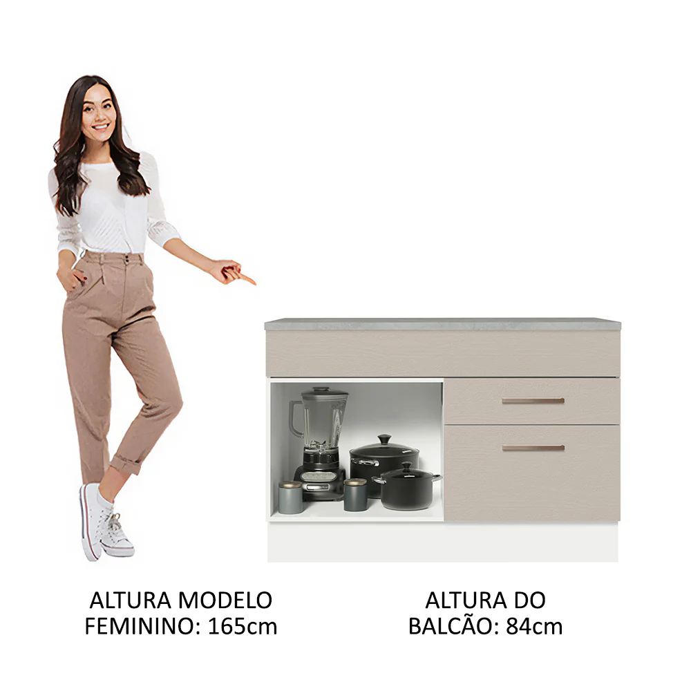 Balcão Gabinete 120 x 60 cm 1 Porta 2 Gavetas Branco/Crema (Com Tampo) Agata Madesa - Image 5