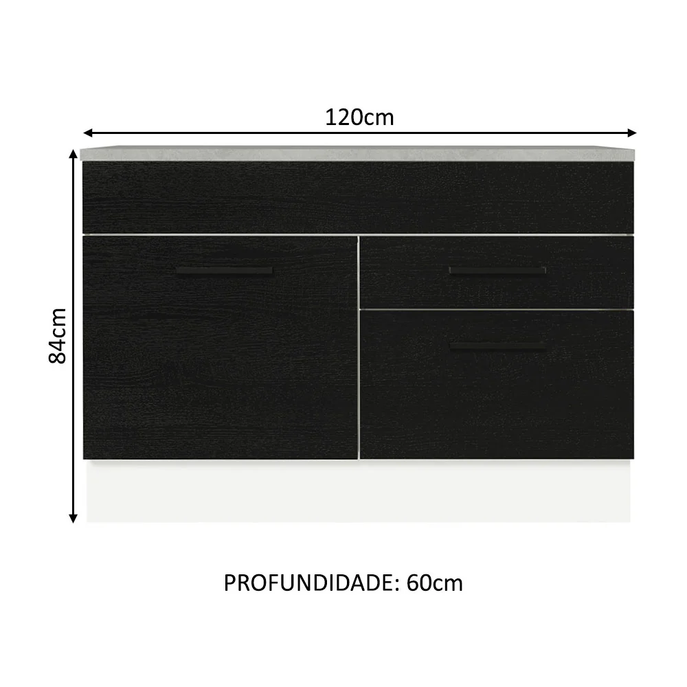 Balcão Gabinete 120 x 60 cm 1 Porta 2 Gavetas Branco/Preto (Com Tampo) Agata Madesa - Image 2
