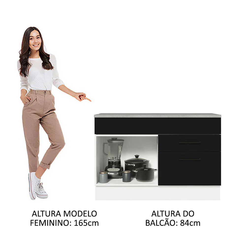 Balcão Gabinete 120 x 60 cm 1 Porta 2 Gavetas Branco/Preto (Com Tampo) Agata Madesa - Image 4