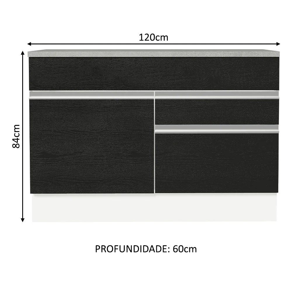 Balcão Gabinete 120 x 60 cm 1 Porta 2 Gavetas Branco/Preto (Com Tampo) Glamy Madesa - Image 2