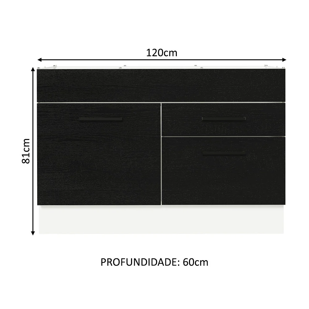 Balcão Gabinete de Pia 120 x 60 cm 1 Porta 2 Gavetas Branco/Preto (Sem Tampo) Agata Madesa - Image 2