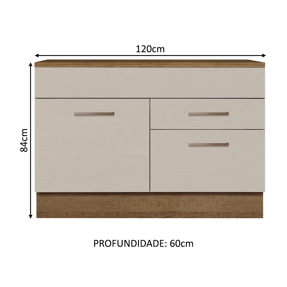 Balcão Gabinete 120 x 60 cm 1 Porta 2 Gavetas Rustic/Crema (Com Tampo) Agata Madesa - Image 2