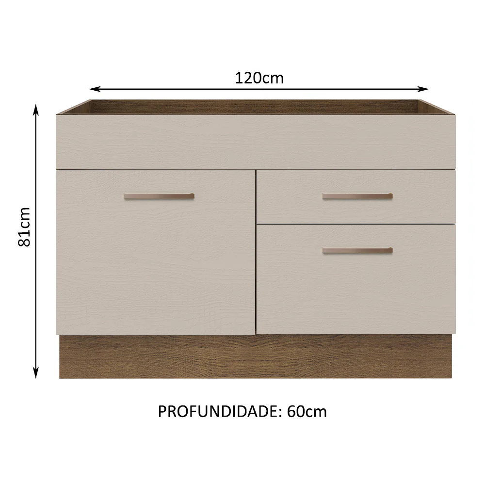 Balcão Gabinete de Pia 120 x 60 cm 1 Porta 2 Gavetas Rustic/Crema (Sem Tampo) Agata Madesa - Image 2