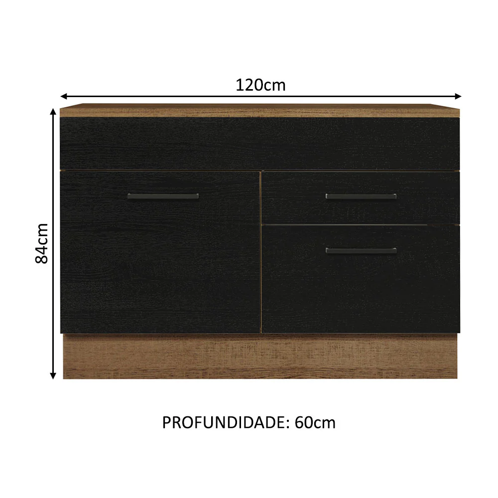 Balcão Gabinete 120 x 60 cm 1 Porta 2 Gavetas Rustic/Preto (Com Tampo) Agata Madesa - Image 2