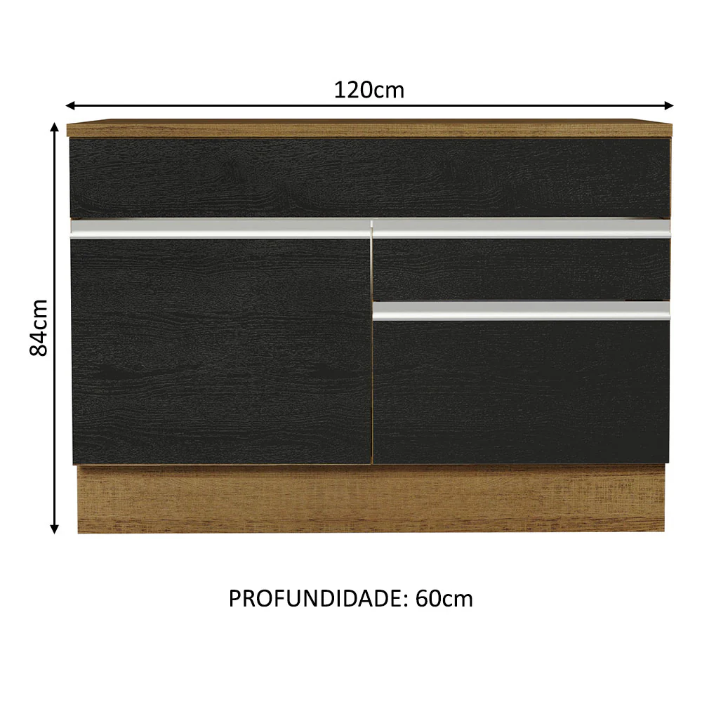 Balcão Gabinete 120 x 60 cm 1 Porta 2 Gavetas Rustic/Preto (Com Tampo) Glamy Madesa - Image 2