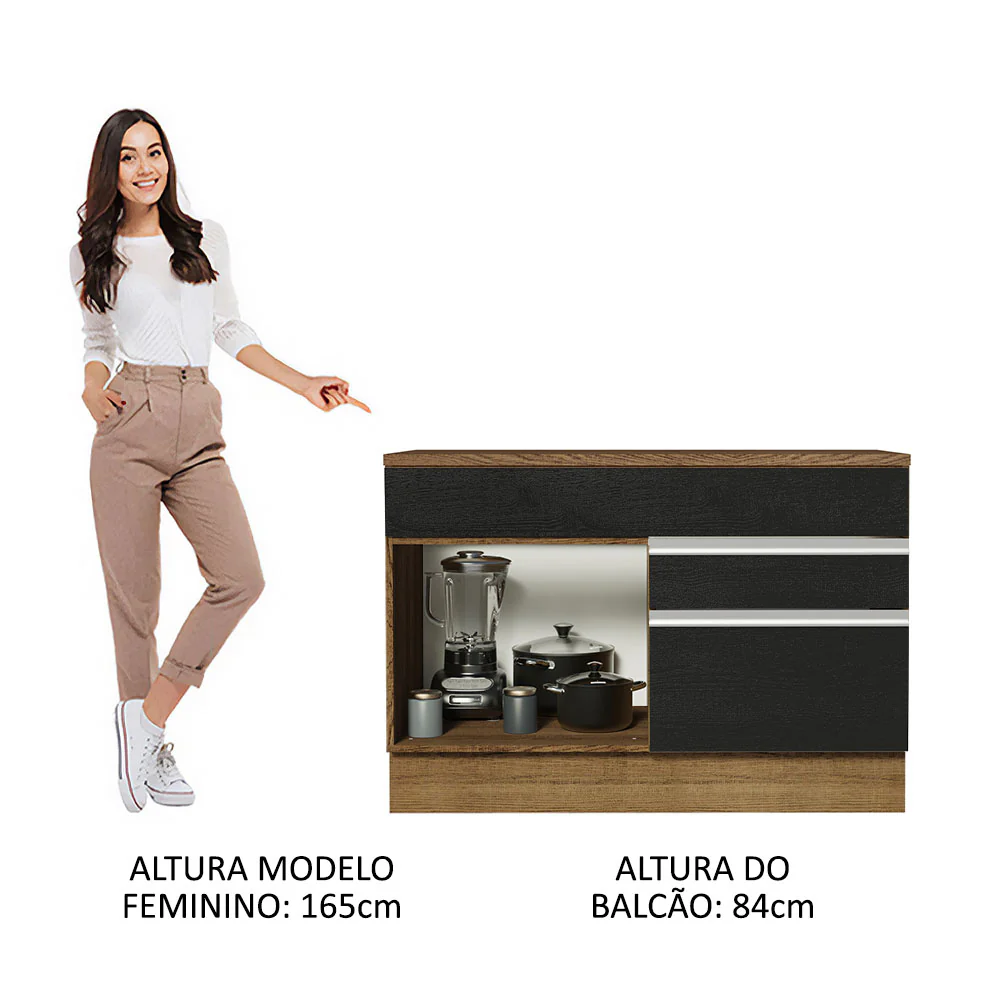 Balcão Gabinete 120 x 60 cm 1 Porta 2 Gavetas Rustic/Preto (Com Tampo) Glamy Madesa - Image 4