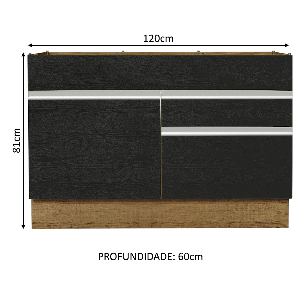 Balcão Gabinete de Pia 120 x 60 cm 1 Porta 2 Gavetas Rustic/Preto (Sem Tampo) Glamy Madesa - Image 2