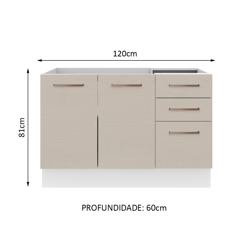 Balcão Gabinete de Pia 120 x 60 cm 2 Portas e 3 Gavetas (Sem Tampo) Branco/Crema Agata Madesa - Image 2