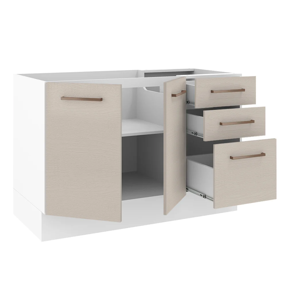 Balcão Gabinete de Pia 120 x 60 cm 2 Portas e 3 Gavetas (Sem Tampo) Branco/Crema Agata Madesa - Image 4