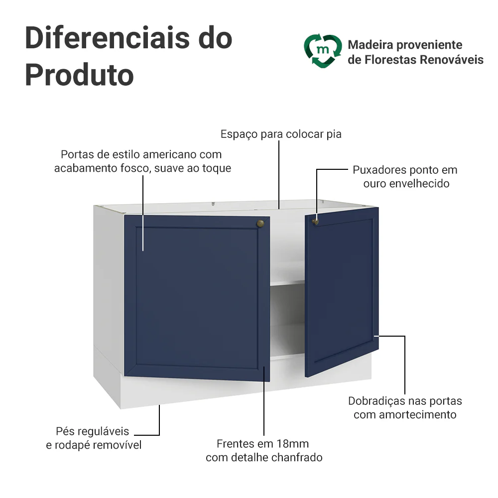 Balcão Gabinete de Pia 120 x 60 cm (Sem Tampo) Branco/Azul Vik Madesa - Image 3