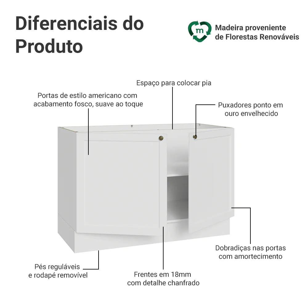 Balcão Gabinete de Pia 120 x 60 cm (Sem Tampo) Branco Vik Madesa - Image 3