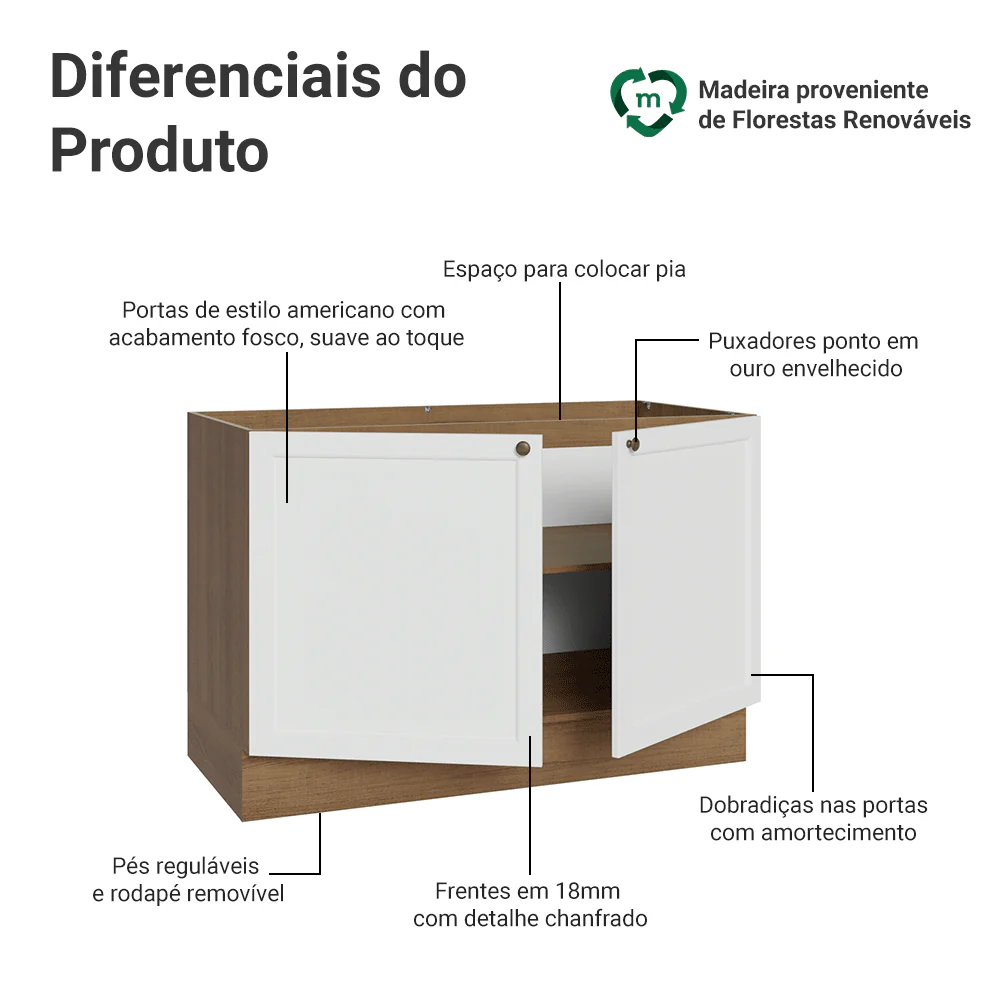 Balcão Gabinete de Pia 120 x 60 cm (Sem Tampo) Rustic/Branco Vik Madesa - Image 3
