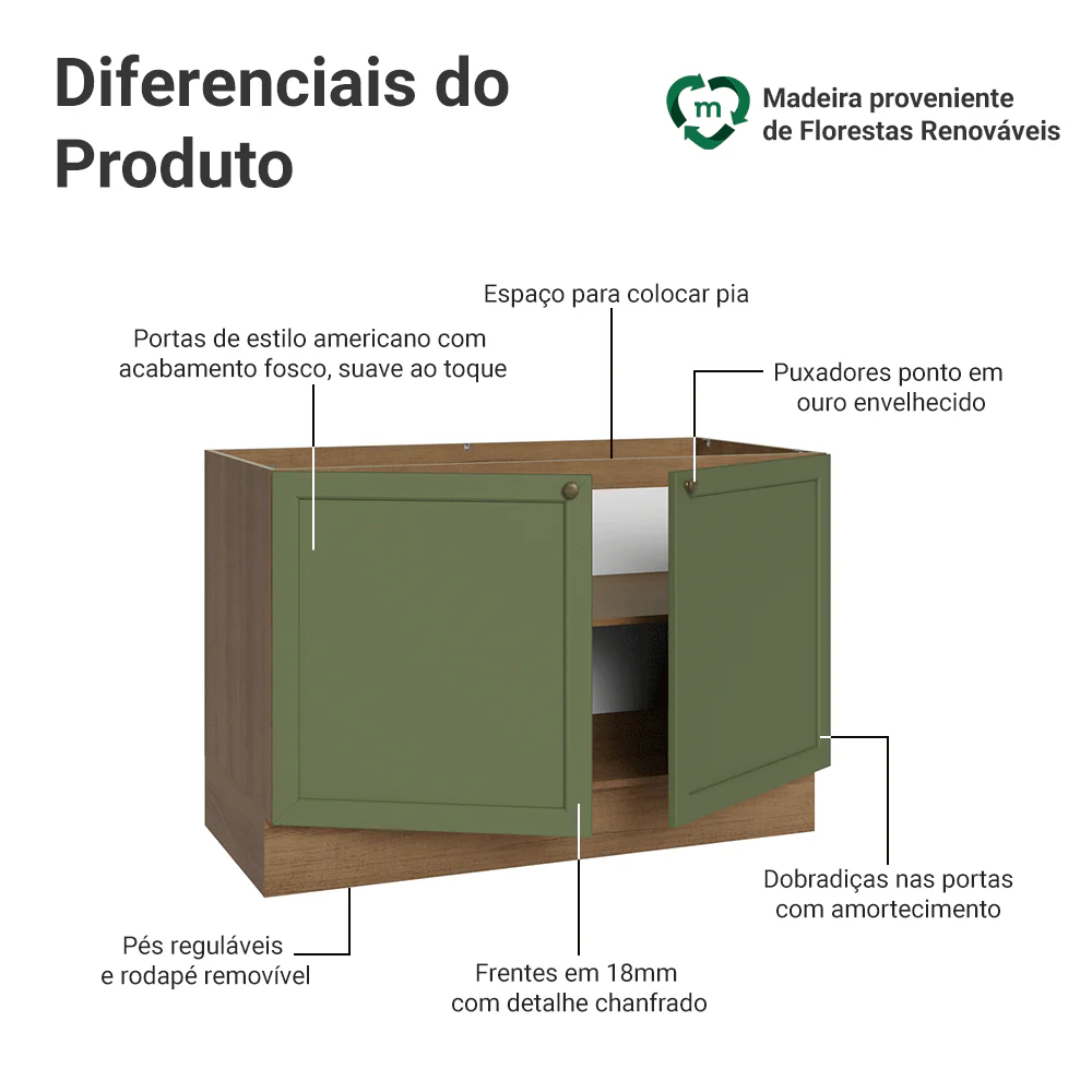 Balcão Gabinete de Pia 120 x 60 cm (Sem Tampo) Rustic/Verde Vik Madesa - Image 3