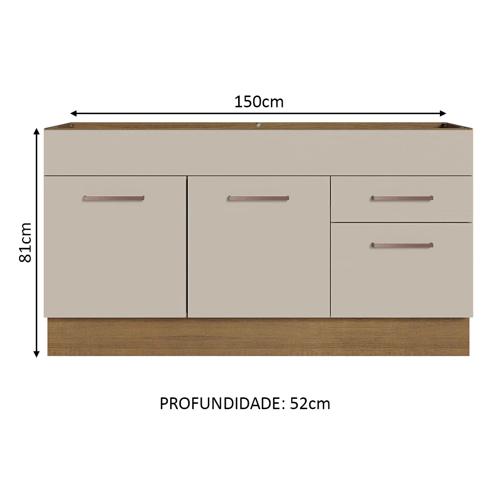 Balcão Gabinete de Pia 150 cm 2 Portas e 2 Gavetas (Sem Tampo e Pia) Rustic/Crema Agata Madesa - Image 3