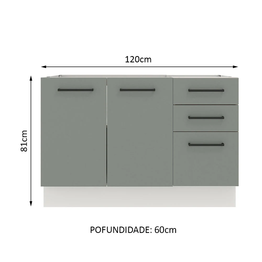 Balcão Gabinete de Pia Madesa Agata 120 x 60 cm 2 Portas e 3 Gavetas (Sem Tampo) Branco/Cinza - Image 2