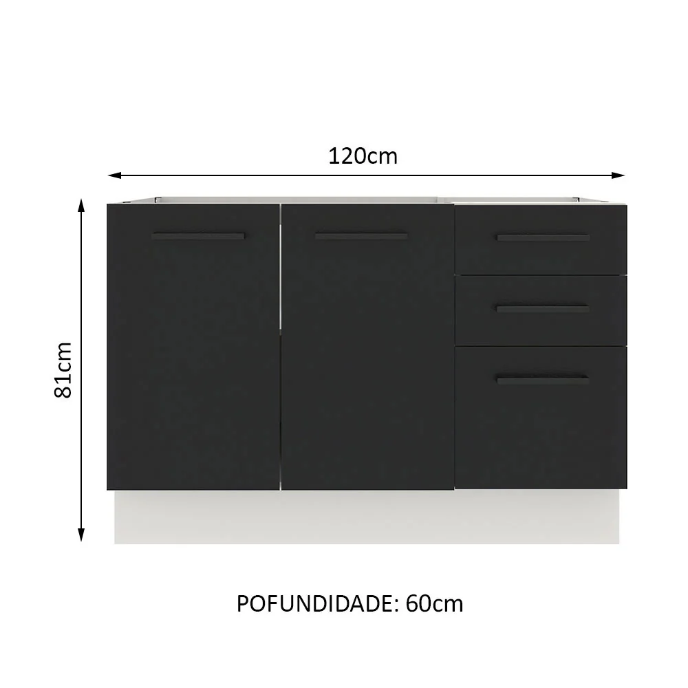 Balcão Gabinete de Pia Madesa Agata 120 x 60 cm 2 Portas e 3 Gavetas (Sem Tampo) Branco/Preto - Image 2