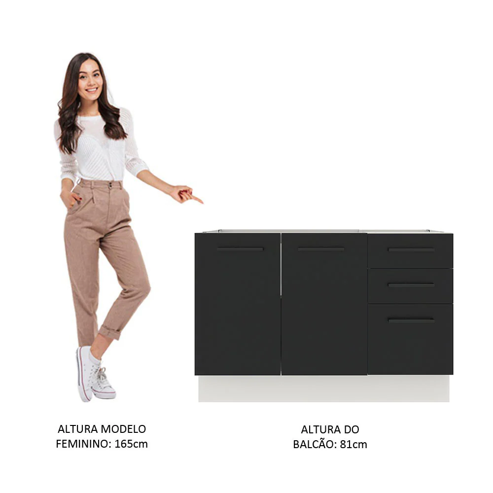 Balcão Gabinete de Pia Madesa Agata 120 x 60 cm 2 Portas e 3 Gavetas (Sem Tampo) Branco/Preto - Image 5