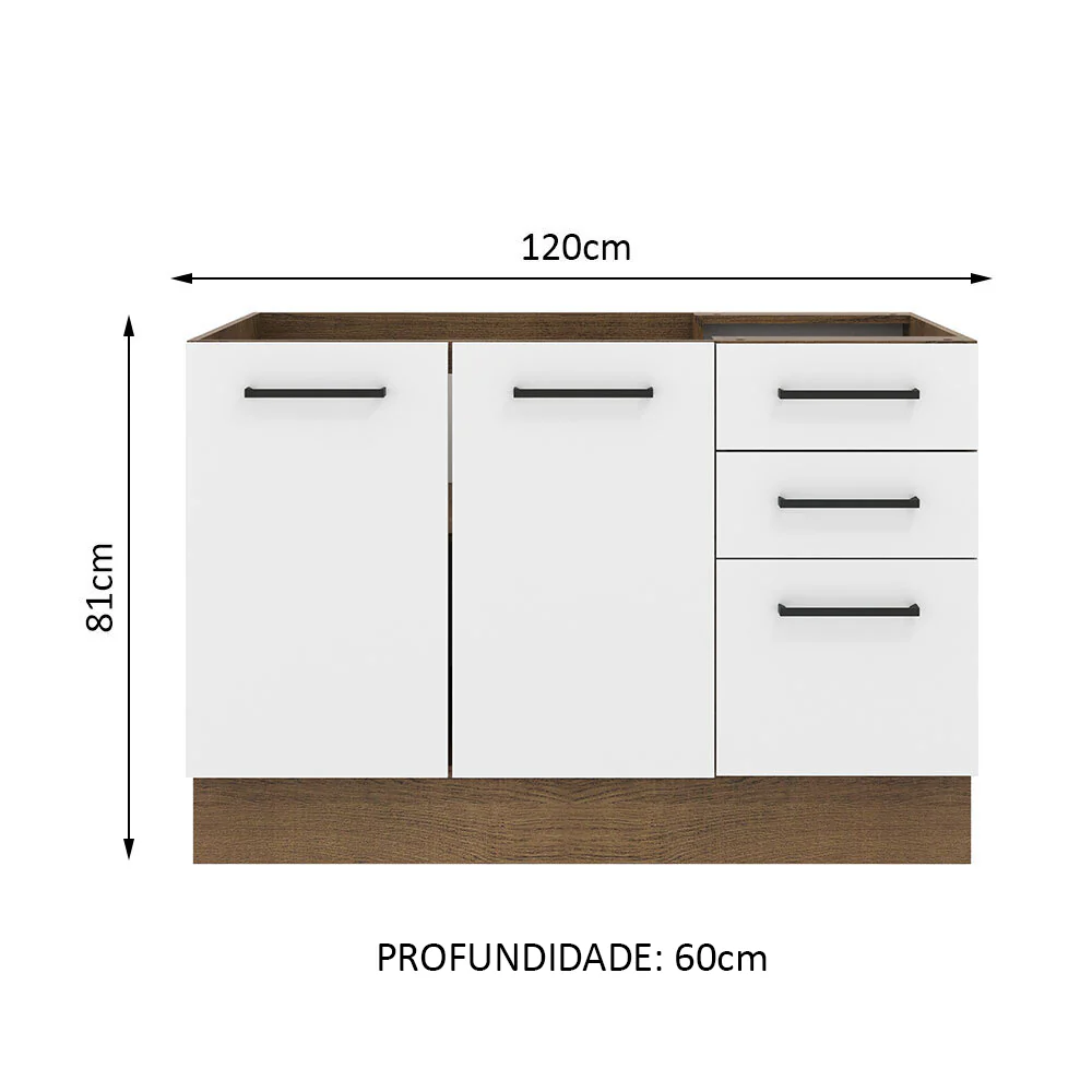 Balcão Gabinete de Pia Madesa Agata 120 x 60 cm 2 Portas e 3 Gavetas (Sem Tampo) Rustic/Branco - Image 2