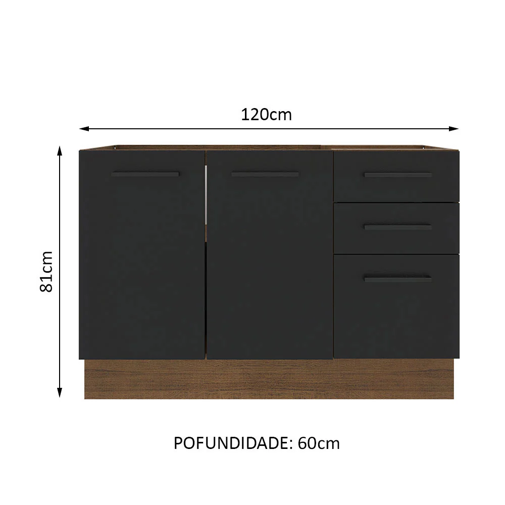 Balcão Gabinete de Pia Madesa Agata 120 x 60 cm 2 Portas e 3 Gavetas (Sem Tampo) Rustic/Preto - Image 2