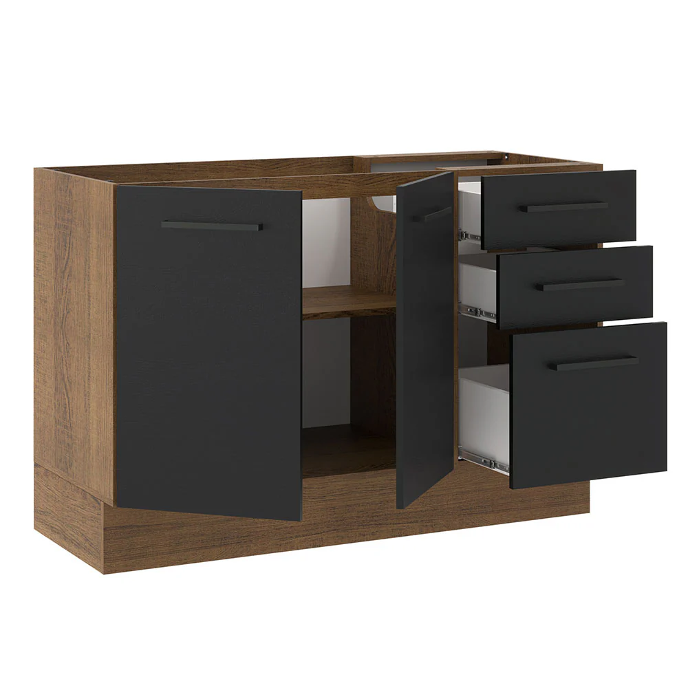 Balcão Gabinete de Pia Madesa Agata 120 x 60 cm 2 Portas e 3 Gavetas (Sem Tampo) Rustic/Preto - Image 4
