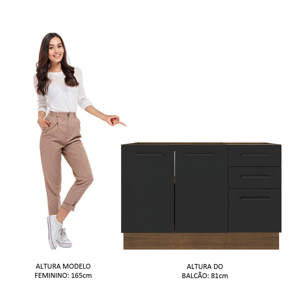 Balcão Gabinete de Pia Madesa Agata 120 x 60 cm 2 Portas e 3 Gavetas (Sem Tampo) Rustic/Preto - Image 5
