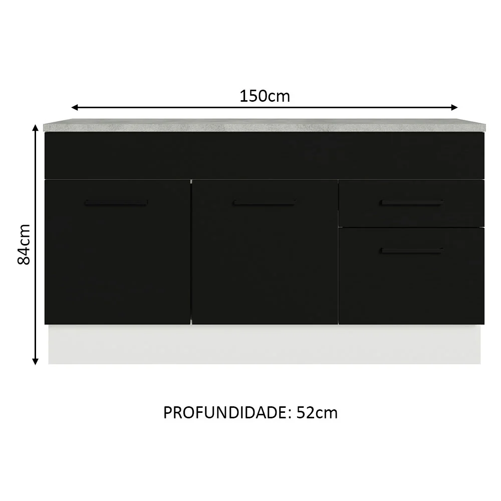 Balcão Gabinete Madesa Agata 150 cm 2 Gavetas 2 Portas (Com Tampo) Branco/Preto - Image 3