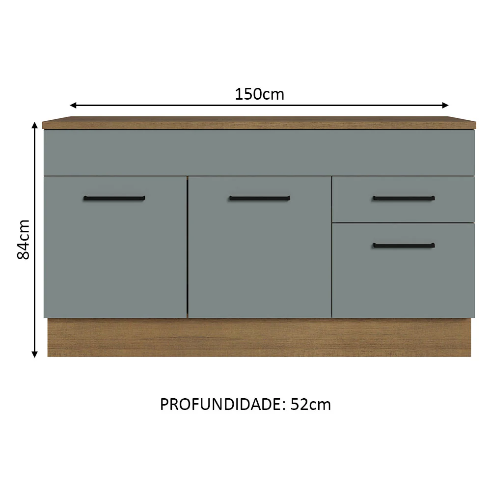 Balcão Gabinete Madesa Agata 150 cm 2 Gavetas 2 Portas (Com Tampo) Rustic/Cinza - Image 3