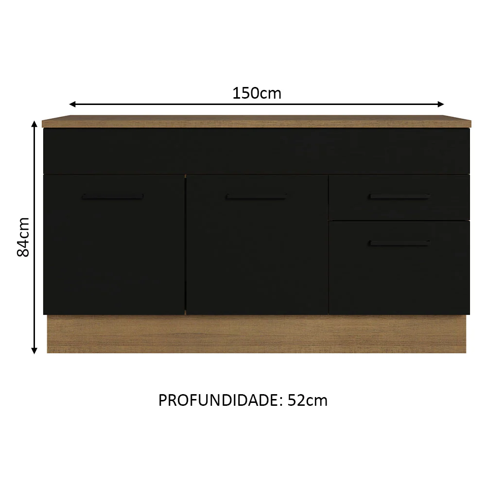 Balcão Gabinete Madesa Agata 150 cm 2 Gavetas 2 Portas (Com Tampo) Rustic/Preto - Image 3