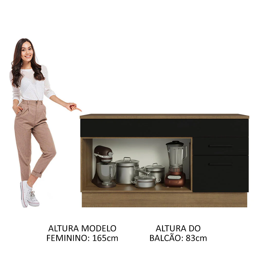Balcão Gabinete Madesa Agata 150 cm 2 Gavetas 2 Portas (Com Tampo) Rustic/Preto - Image 5