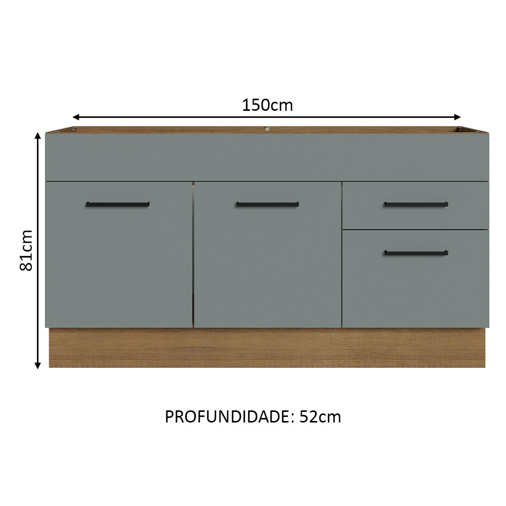 Balcão Gabinete de Pia Madesa Agata 150 cm 2 Portas e 2 Gavetas (Sem Tampo e Pia) Rustic/Cinza - Image 3
