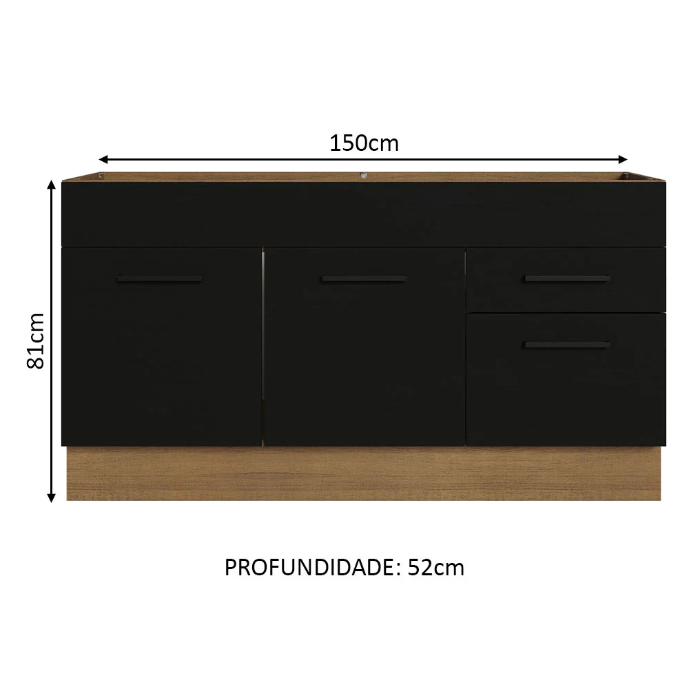 Balcão Gabinete de Pia Madesa Agata 150 cm 2 Portas e 2 Gavetas (Sem Tampo e Pia) Rustic/Preto - Image 3