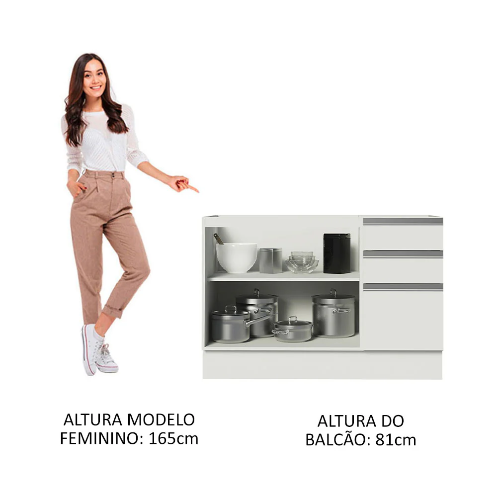 Balcão Gabinete de Pia Madesa Glamy 120 x 60 cm 2 Portas e 3 Gavetas (Sem Tampo) Branco - Image 4