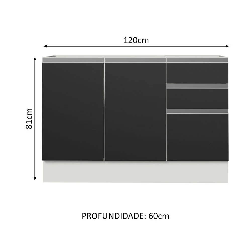 Balcão Gabinete de Pia Madesa Glamy 120 x 60 cm 2 Portas e 3 Gavetas (Sem Tampo) Branco/Preto - Image 2