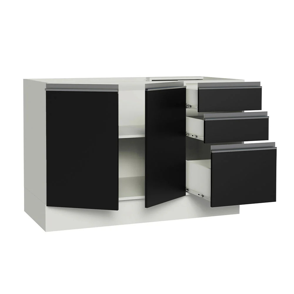 Balcão Gabinete de Pia Madesa Glamy 120 x 60 cm 2 Portas e 3 Gavetas (Sem Tampo) Branco/Preto - Image 3