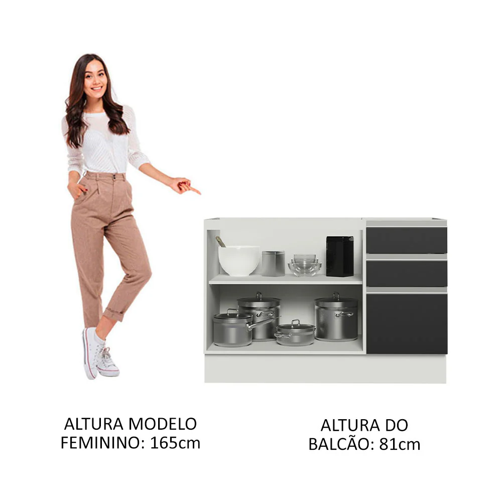 Balcão Gabinete de Pia Madesa Glamy 120 x 60 cm 2 Portas e 3 Gavetas (Sem Tampo) Branco/Preto - Image 4