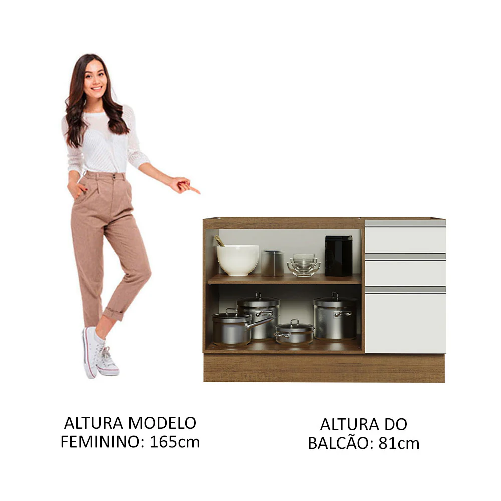 Balcão Gabinete de Pia Madesa Glamy 120 x 60 cm 2 Portas e 3 Gavetas (Sem Tampo) Rustic/Branco - Image 4