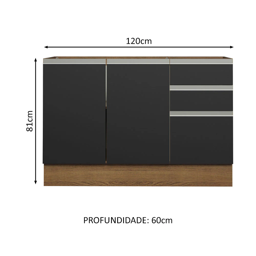Balcão Gabinete de Pia Madesa Glamy 120 x 60 cm 2 Portas e 3 Gavetas (Sem Tampo) Rustic/Preto - Image 2