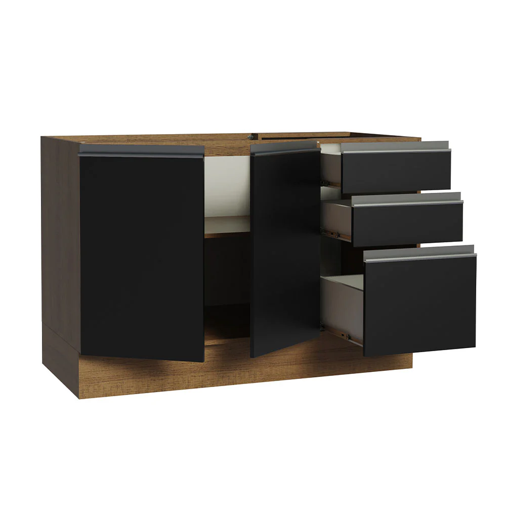 Balcão Gabinete de Pia Madesa Glamy 120 x 60 cm 2 Portas e 3 Gavetas (Sem Tampo) Rustic/Preto - Image 3