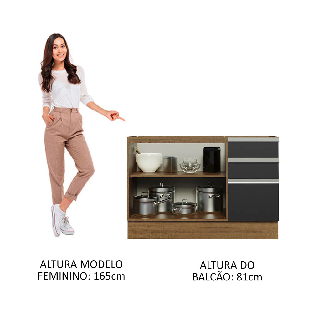 Balcão Gabinete de Pia Madesa Glamy 120 x 60 cm 2 Portas e 3 Gavetas (Sem Tampo) Rustic/Preto - Image 4