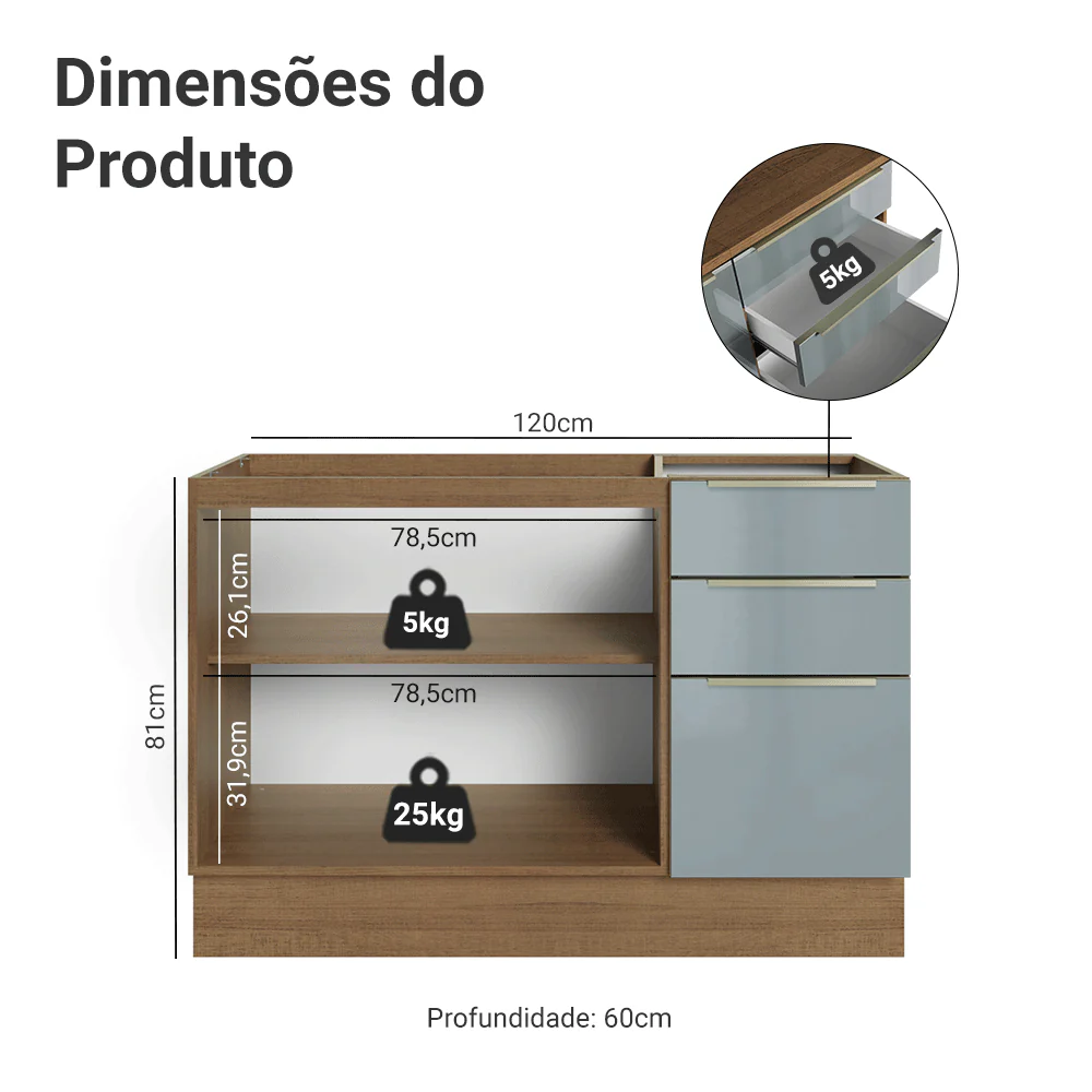 Balcão Gabinete de Pia 120 x 60 cm 2 Portas 3 Gavetas (Sem Tampo) Rustic/Cinza Lux Madesa - Image 2