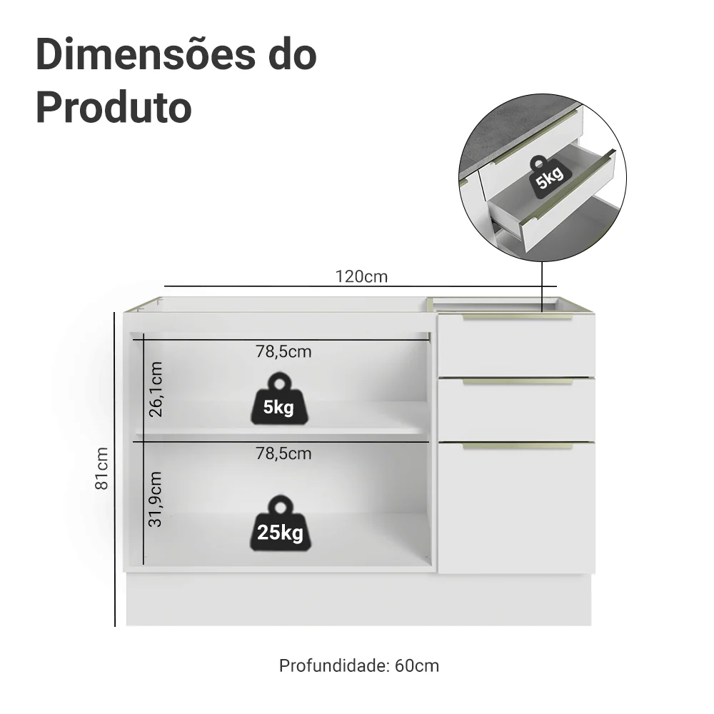 Balcão Gabinete de Pia 120 x 60 cm 2 Portas 3 Gavetas (Sem Tampo) Branco/Branco Veludo Lux Madesa - Image 2
