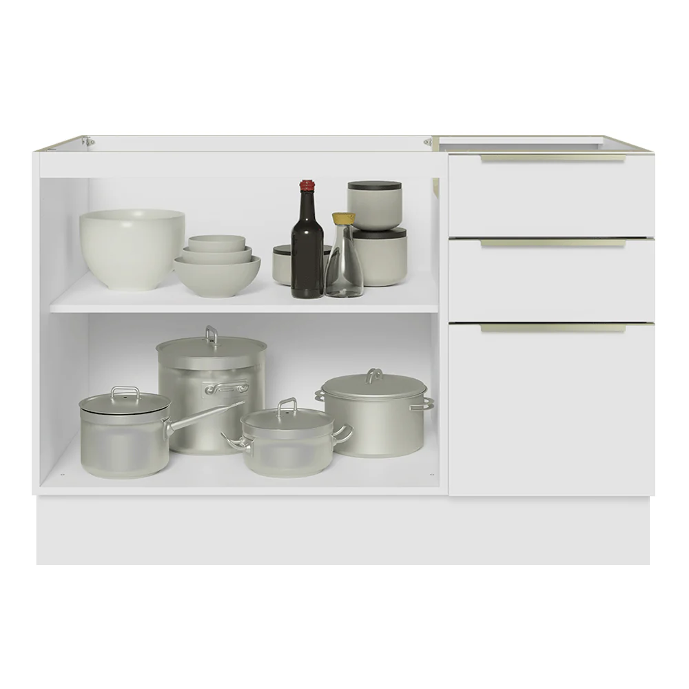 Balcão Gabinete de Pia 120 x 60 cm 2 Portas 3 Gavetas (Sem Tampo) Branco/Branco Veludo Lux Madesa - Image 4